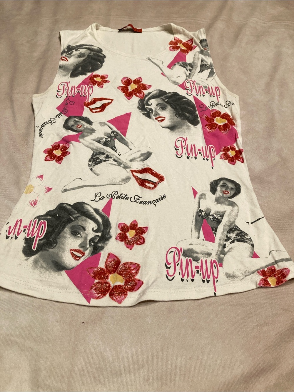 Pin-Up Graphic Tank Top - White with Pink Accents